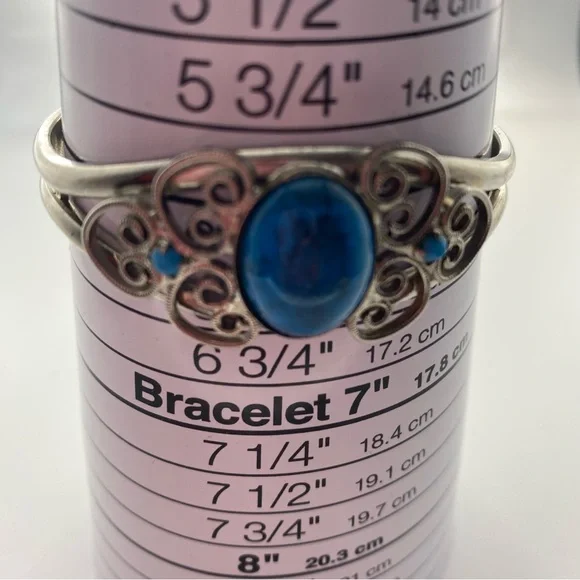 Artisan Silver tone Cuff Bracelet with Blue/Turquoise Cabachon Accents 6.5” - Picture 10 of 10